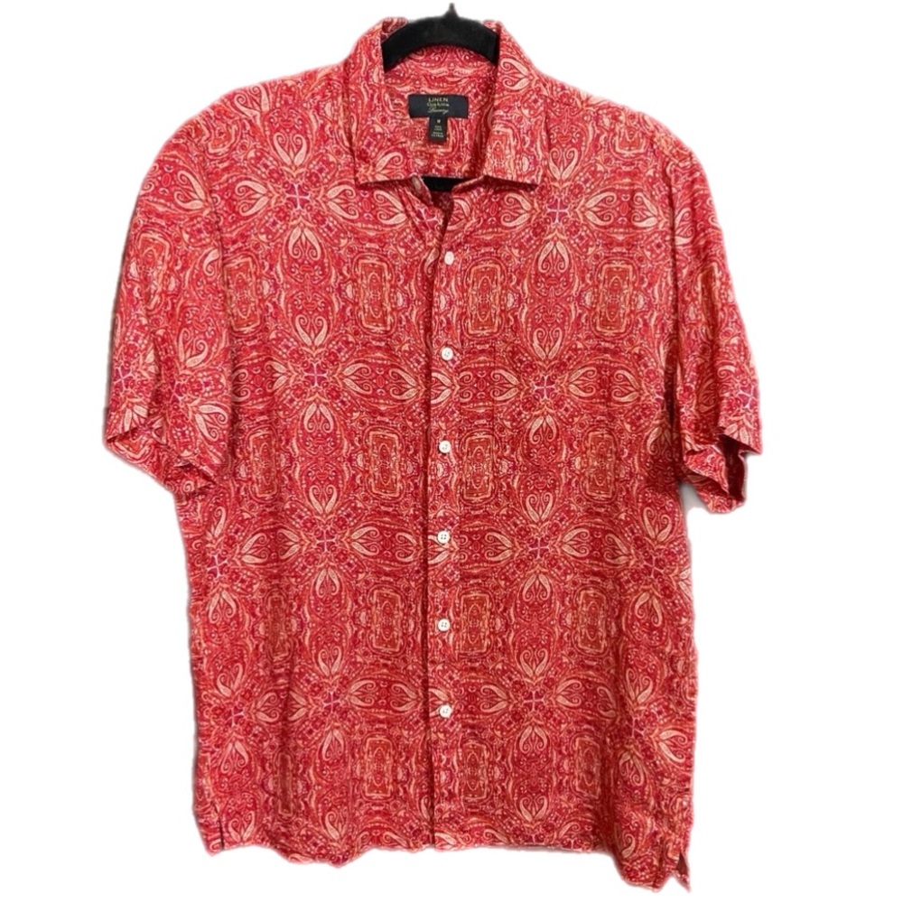 Club Room Linen Short Sleeve Shirt Red Paisley Cruise Luxury Coastal Large Y2K